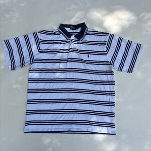 Polo Ralph Lauren Mens Large White Navy Blue Striped Short Sleeve Polo Shirt L